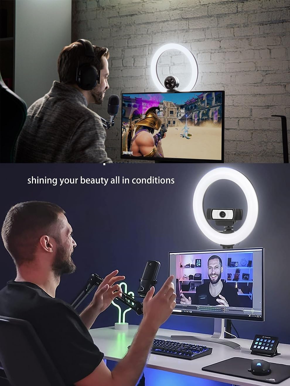 Webcam Ring Light With Clamp Stand, 24 Inch Webcam Arm Mount Holder With 10 Inch Selfie Light And Headphone Hook Compatible With Logitech C920 C922 C930 Streamcam C615 C925E Brio 4K Webcams